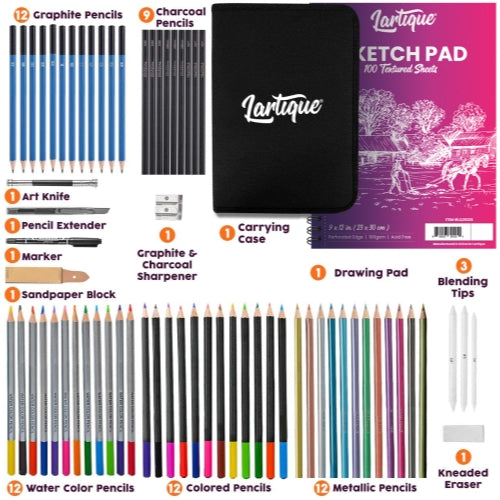 Lartique Art Supplies, 71 Piece Drawing Kit with Drawing Pencils and Drawing Supplies, for Artists