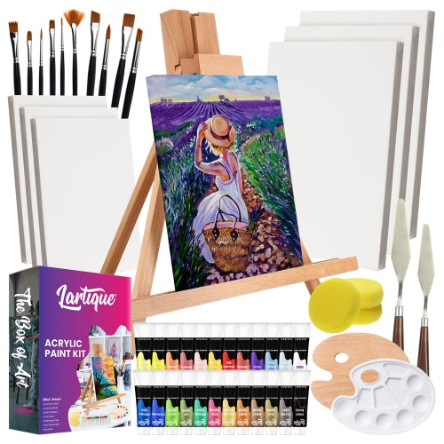 10 Set Paint Kit Wood Easel Set Include 10 Wood Easels 10 Pcs Canvases 100  Pcs Brushes and 10 Pcs Watercolor Paint Painting Supplies Kit Wooden Art